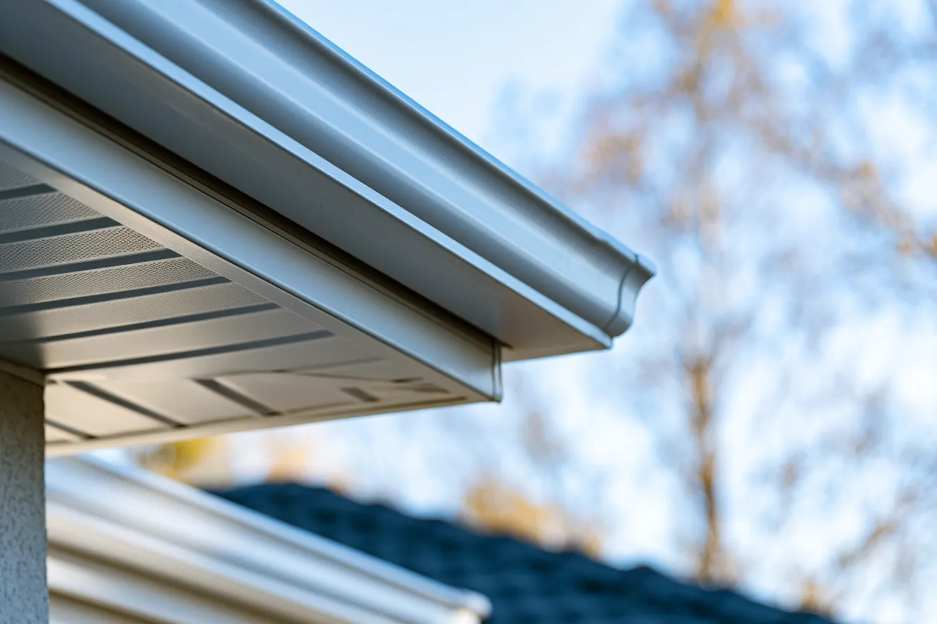 Close view of a seamless gutter and soffit at a roof corner