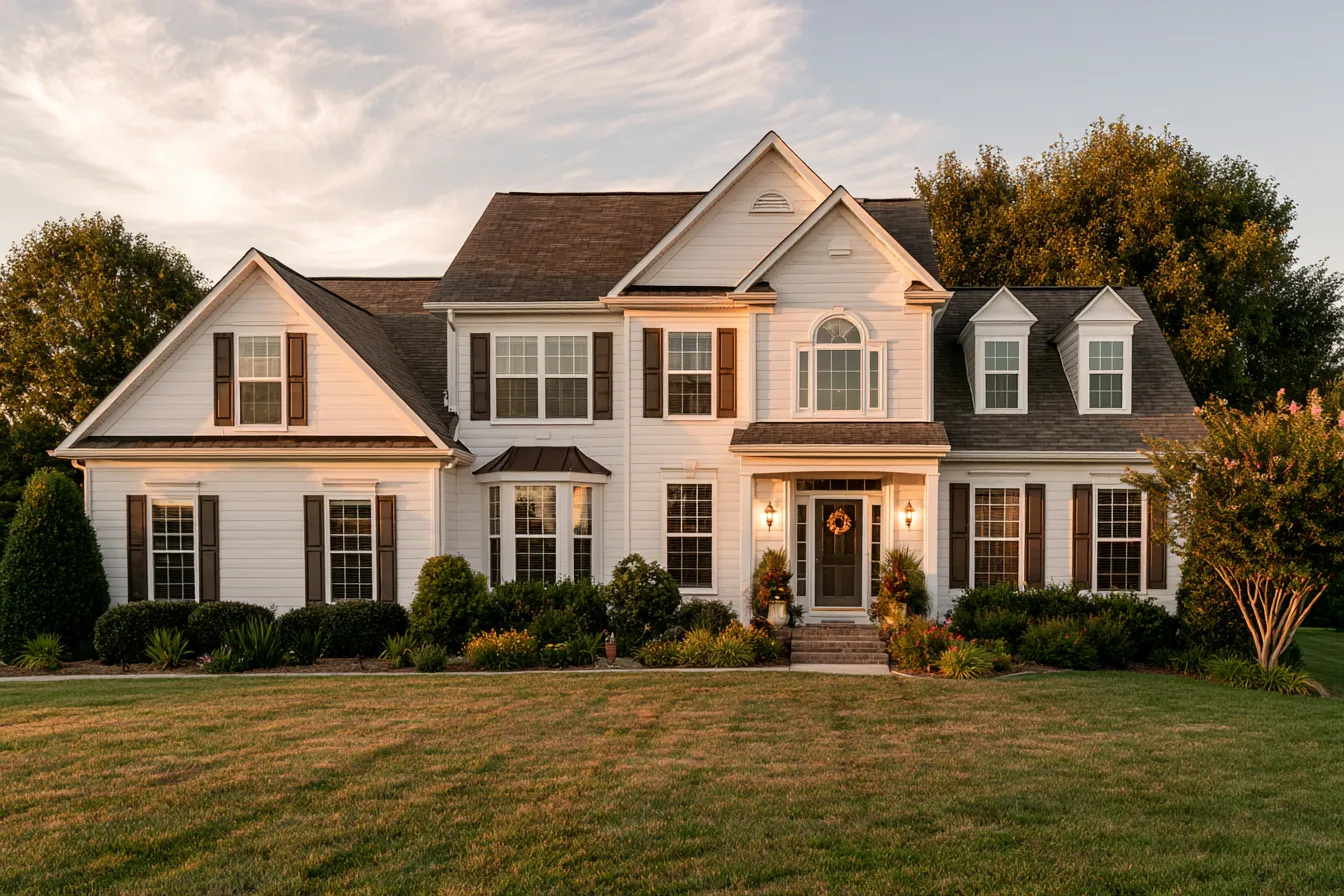 At golden hour a two-story white home shows brown shutters beneath a brown shingle roof